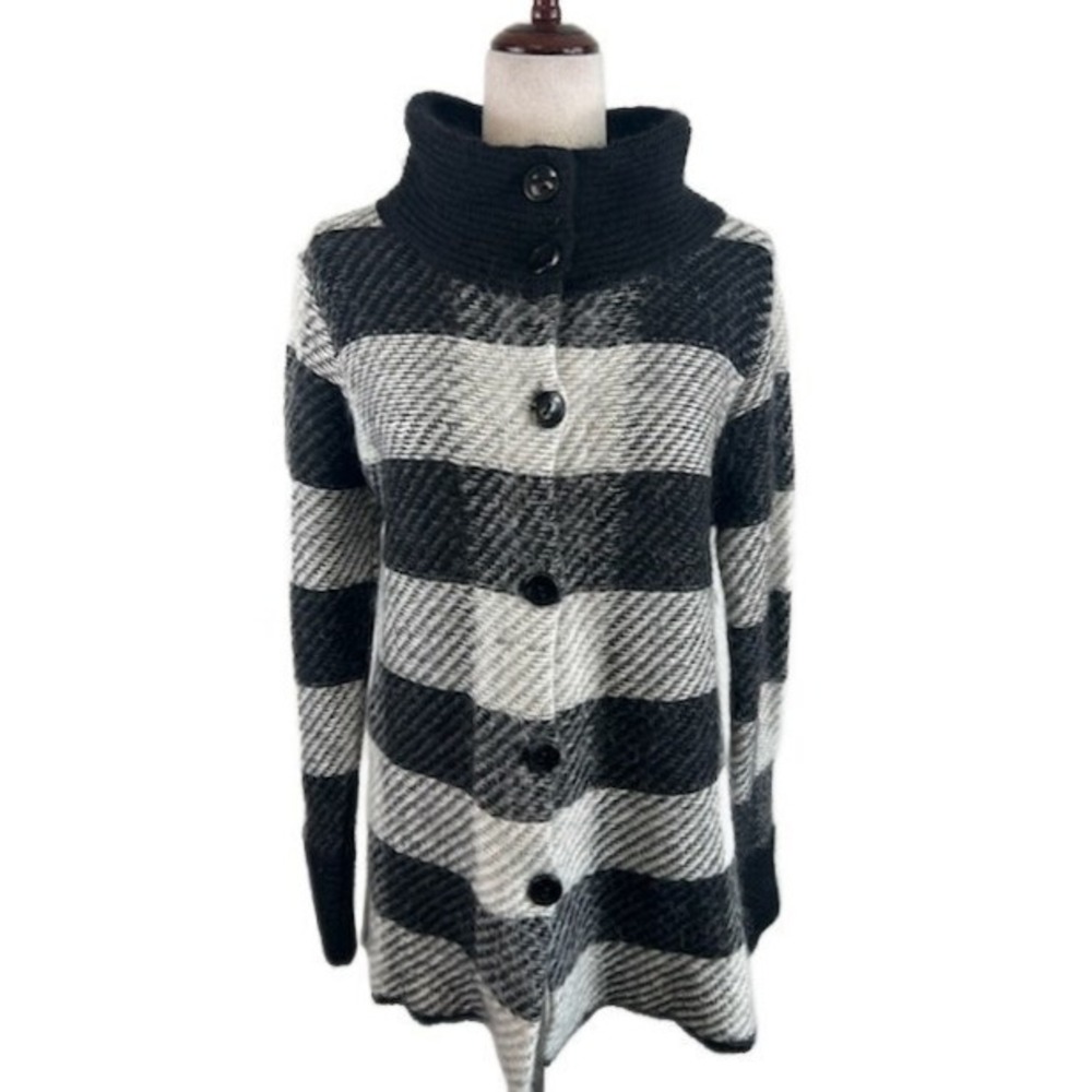 Maryline Italy Black Gray Plaid Mohair Wool‎ Blend Cardigan Sweater Size Large
